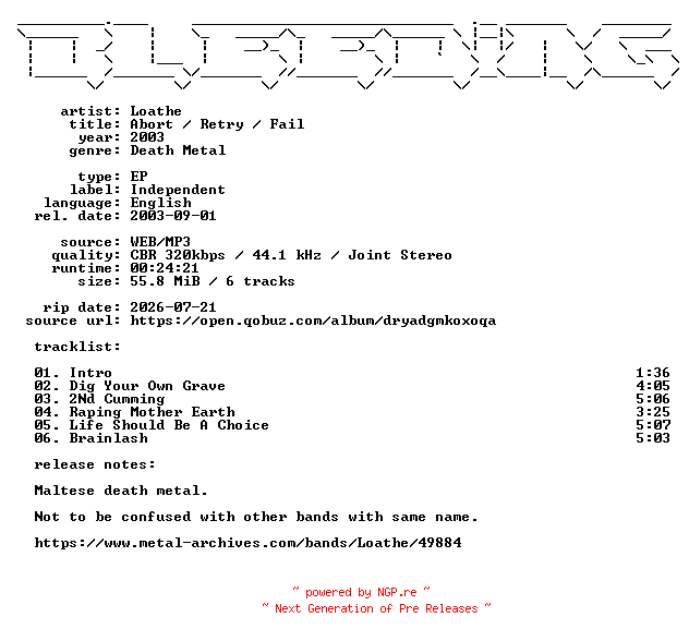 NFO for the release Loathe-Abort__Retry__Fail-EP-WEB-2003-BLEEDiNG by BLEEDiNG