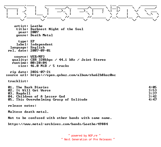 NFO for the release Loathe-Darknest_Night_of_the_Soul-EP-WEB-2007-BLEEDiNG by BLEEDiNG