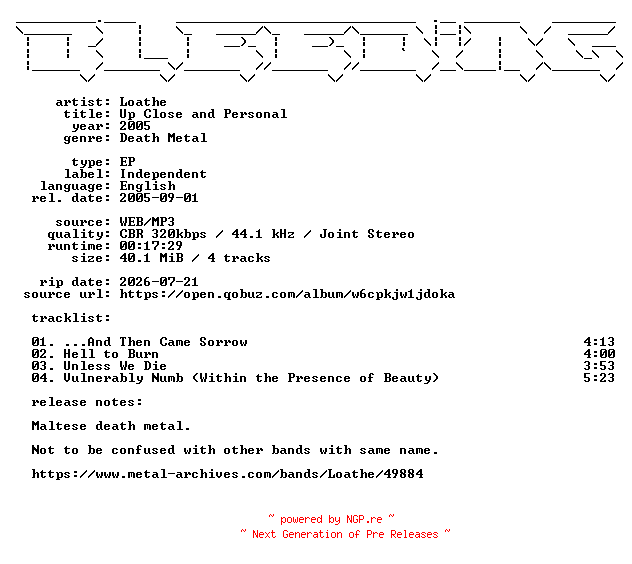 NFO for the release Loathe-Up_Close_and_Personal-EP-WEB-2005-BLEEDiNG by BLEEDiNG