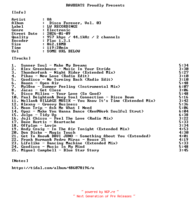 NFO for the release VA-Disco_Forever_Vol._03-16BIT-WEB-FLAC-2026-RAWBEATS by RAWBEATS