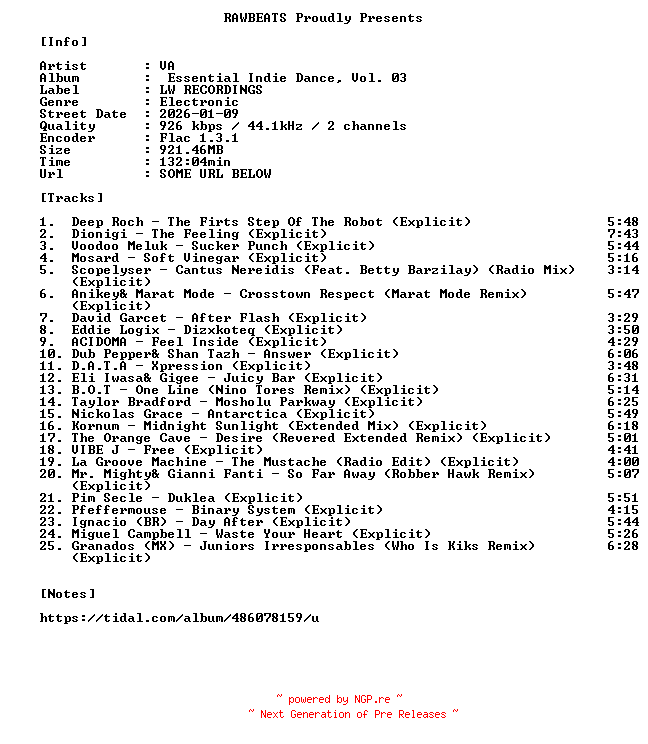 NFO for the release VA-Essential_Indie_Dance_Vol._03-16BIT-WEB-FLAC-2026-RAWBEATS by RAWBEATS