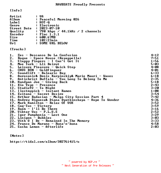 NFO for the release VA-Peaceful_Morning_026-16BIT-WEB-FLAC-2023-RAWBEATS by RAWBEATS