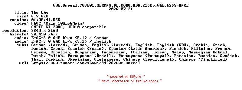 NFO for the release WWE.Unreal.S03E01.GERMAN.DL.DOKU.HDR.2160p.WEB.h265-HAXE by HAXE