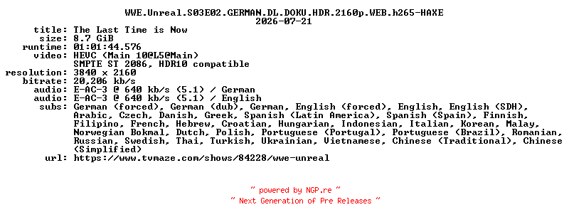 NFO for the release WWE.Unreal.S03E02.GERMAN.DL.DOKU.HDR.2160p.WEB.h265-HAXE by HAXE