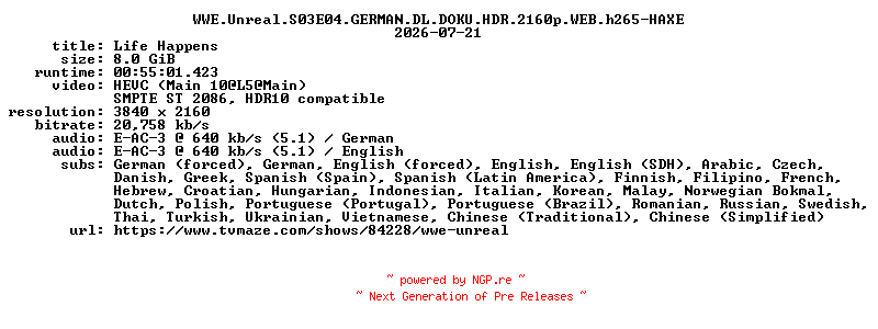 NFO for the release WWE.Unreal.S03E04.GERMAN.DL.DOKU.HDR.2160p.WEB.h265-HAXE by HAXE