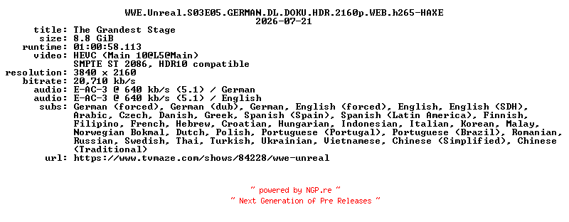 NFO for the release WWE.Unreal.S03E05.GERMAN.DL.DOKU.HDR.2160p.WEB.h265-HAXE by HAXE