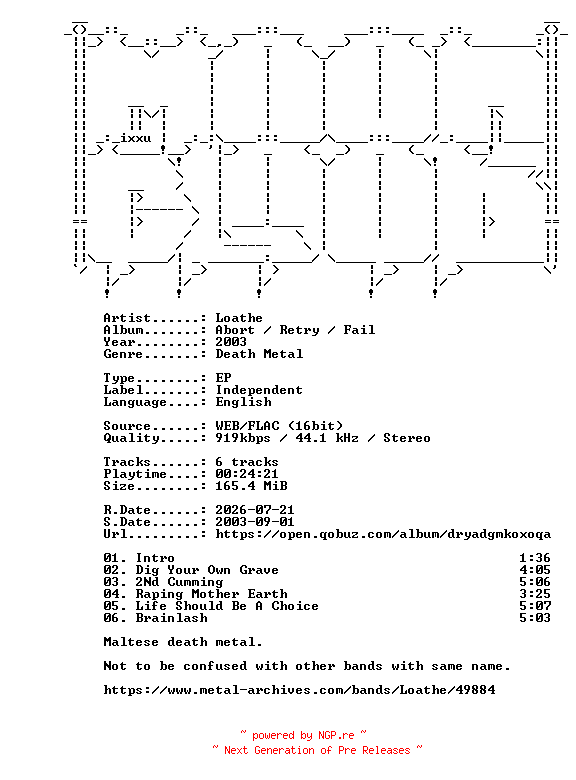 NFO for the release Loathe-Abort__Retry__Fail-EP-16BIT-WEB-FLAC-2003-MOONBLOOD by MOONBLOOD