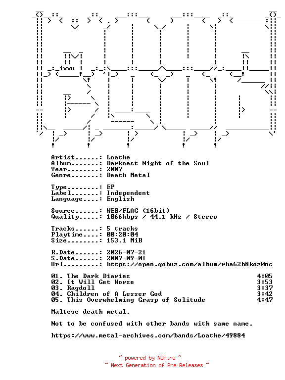 NFO for the release Loathe-Darknest_Night_of_the_Soul-EP-16BIT-WEB-FLAC-2007-MOONBLOOD by MOONBLOOD