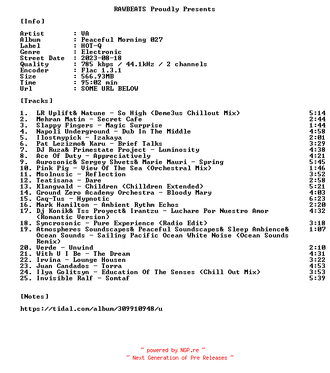 NFO for the release VA-Peaceful_Morning_027-16BIT-WEB-FLAC-2023-RAWBEATS by RAWBEATS