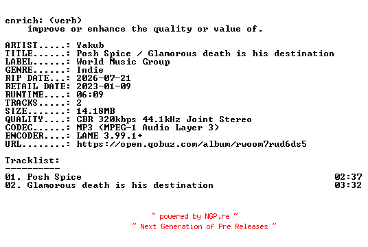 NFO for the release Yakub-Posh_Spice__Glamorous_death_is_his_destination-SINGLE-WEB-2023-ENRiCH by ENRiCH