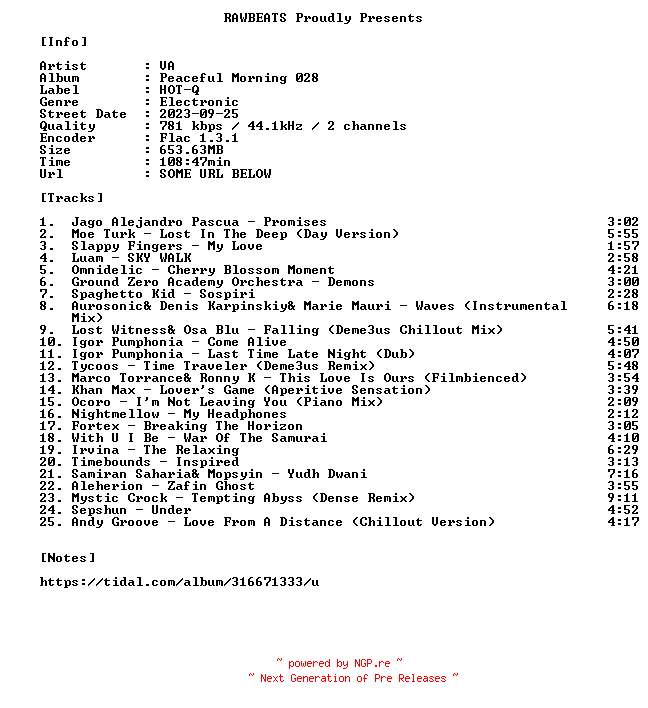 NFO for the release VA-Peaceful_Morning_028-16BIT-WEB-FLAC-2023-RAWBEATS by RAWBEATS