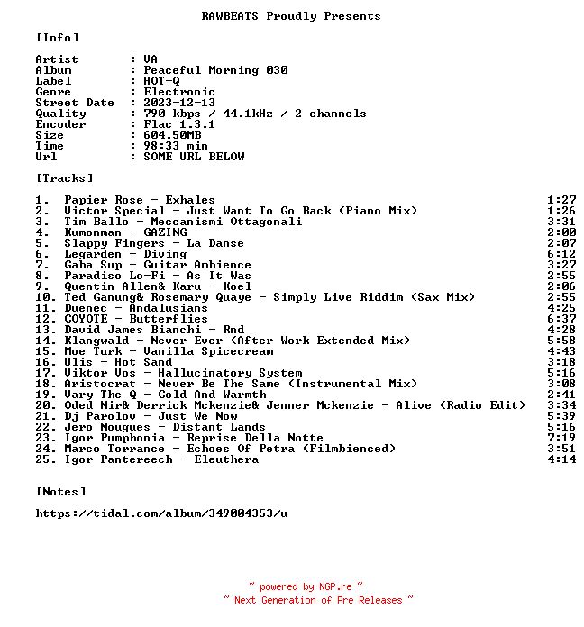 NFO for the release VA-Peaceful_Morning_030-16BIT-WEB-FLAC-2023-RAWBEATS by RAWBEATS