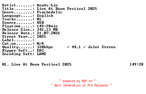 NFO for the release Anas-Lin-Live_At_Boom_Festival_2025-WEB-2025-XTC_iNT by XTC_iNT