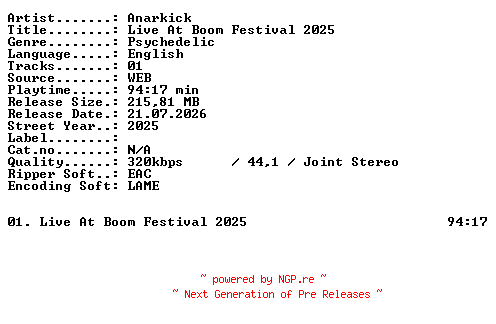 NFO for the release Anarkick-Live_At_Boom_Festival_2025-WEB-2025-XTC_iNT by XTC_iNT
