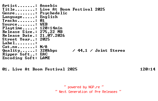 NFO for the release Anoebis-Live_At_Boom_Festival_2025-WEB-2025-XTC_iNT by XTC_iNT