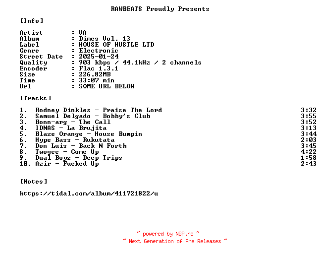 NFO for the release VA-Dimes_Vol._13-16BIT-WEB-FLAC-2025-RAWBEATS by RAWBEATS