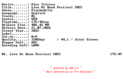 NFO for the release Alex_Tolstey-Live_At_Boom_Festival_2025-WEB-2025-XTC_iNT by XTC_iNT