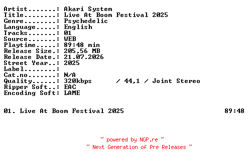 NFO for the release Akari_System-Live_At_Boom_Festival_2025-WEB-2025-XTC_iNT by XTC_iNT