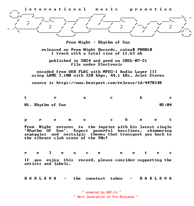 NFO for the release Prom_Night-Rhythm_Of_Sun-(PNR010)-SINGLE-WEB-2024-BAKLAVA by BAKLAVA