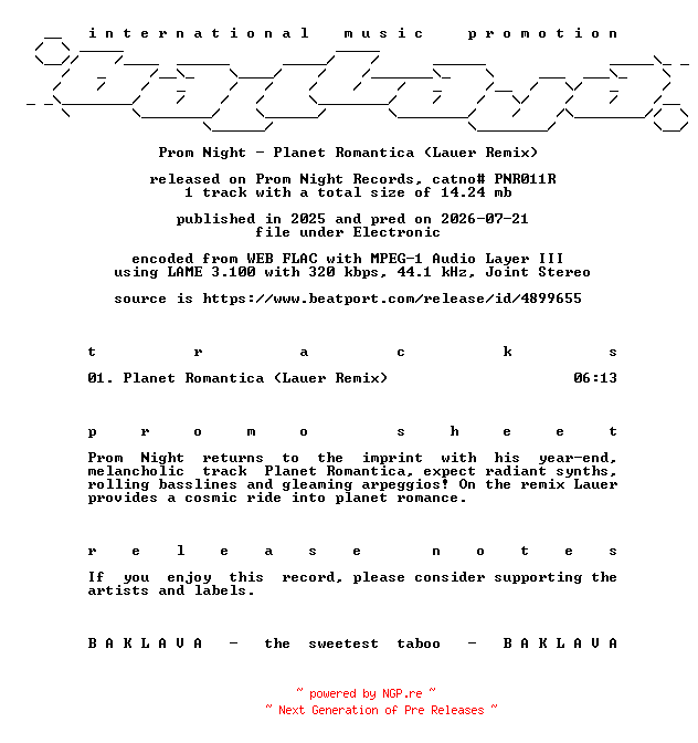 NFO for the release Prom_Night-Planet_Romantica_(Lauer_Remix)-(PNR011R)-SINGLE-WEB-2025-BAKLAVA by BAKLAVA