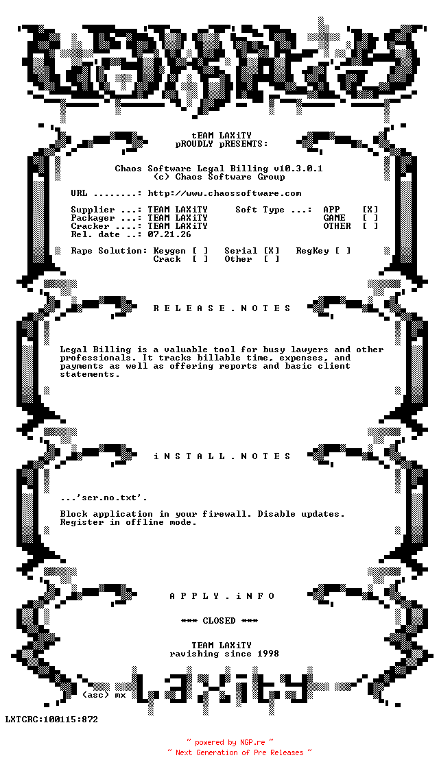 NFO for the release Chaos.Software.Legal.Billing.v10.3.0.1-LAXiTY by LAXiTY