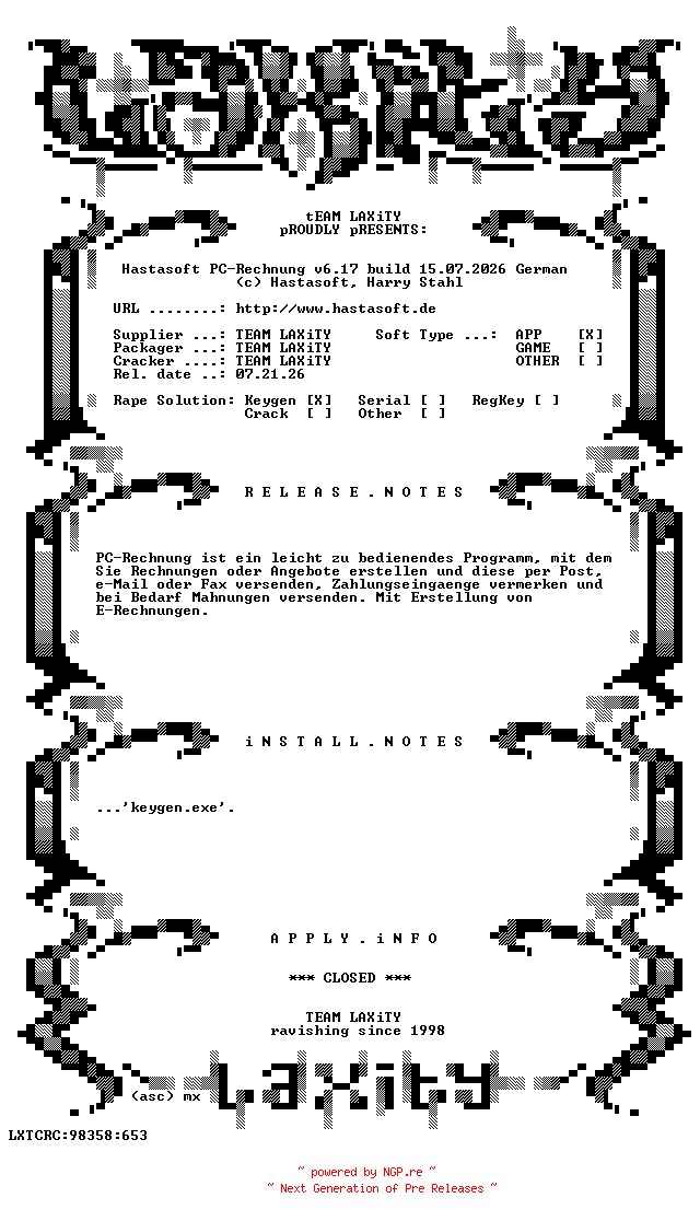 NFO for the release Hastasoft.PC-Rechnung.v6.17.build.15.07.2026.German.incl.Keygen-LAXiTY by LAXiTY