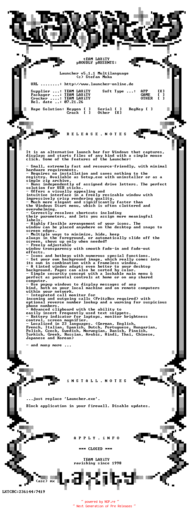 NFO for the release Launcher.v5.1.1.Multilanguage-LAXiTY by LAXiTY