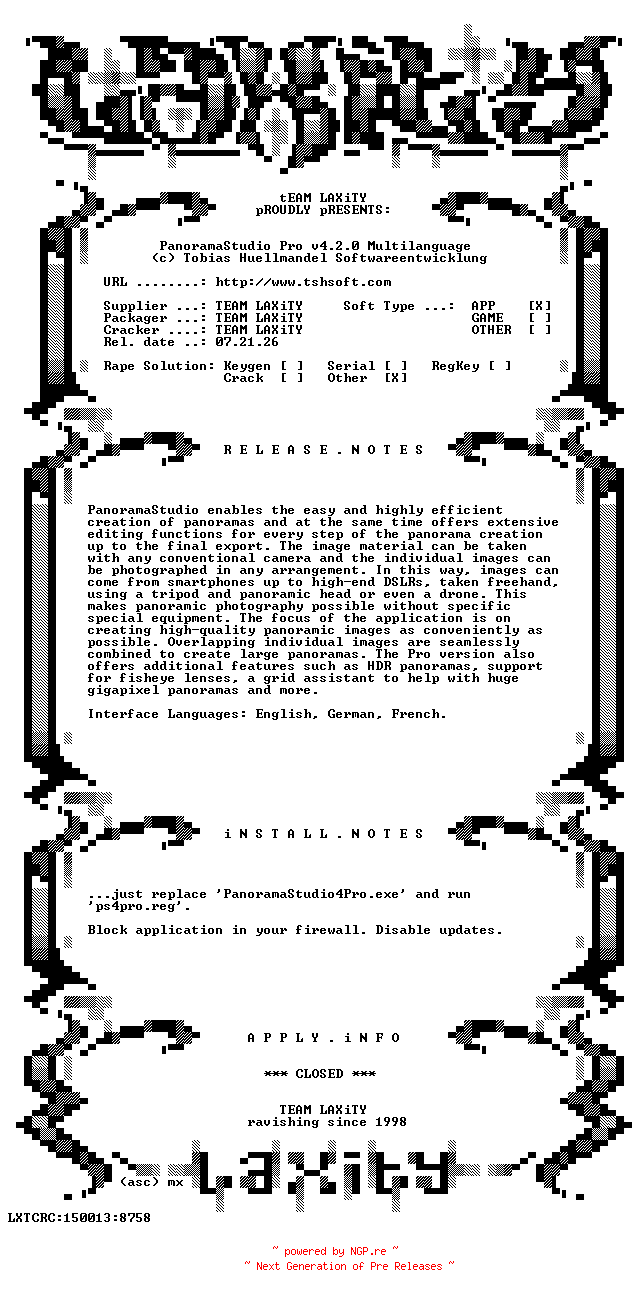 NFO for the release PanoramaStudio.Pro.v4.2.0.Multilanguage-LAXiTY by LAXiTY