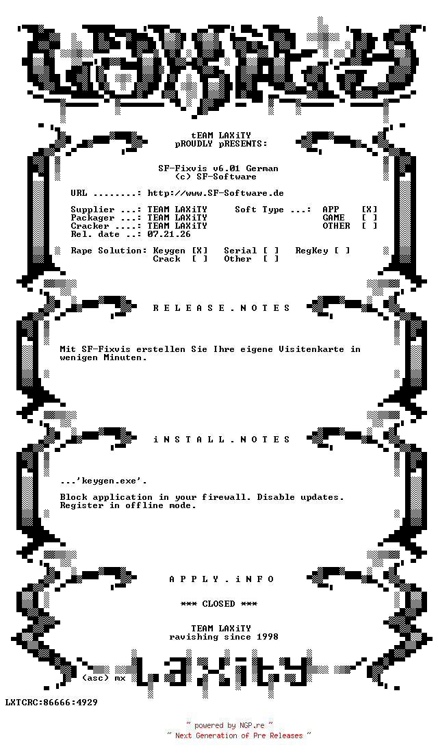 NFO for the release SF-Fixvis.v6.01.German.Keygen.only-LAXiTY by LAXiTY