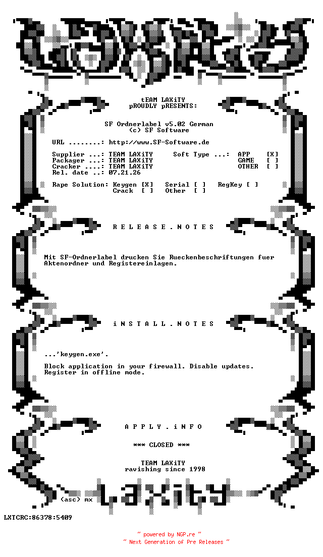 NFO for the release SF.Ordnerlabel.v5.02.German.Keygen.only-LAXiTY by LAXiTY