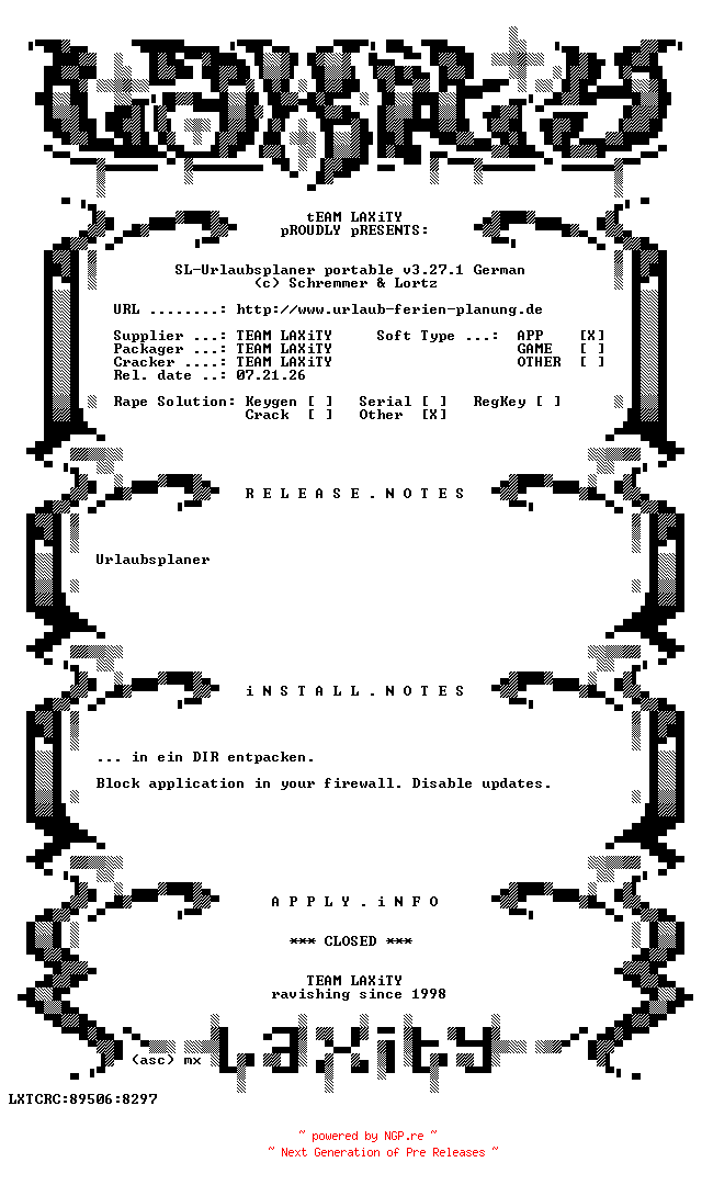 NFO for the release SL-Urlaubsplaner.portable.v3.27.1.German-LAXiTY by LAXiTY