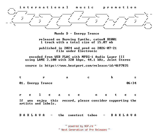 NFO for the release Mundo_D-Energy_Trance-(BS001)-SINGLE-WEB-2024-BAKLAVA by BAKLAVA