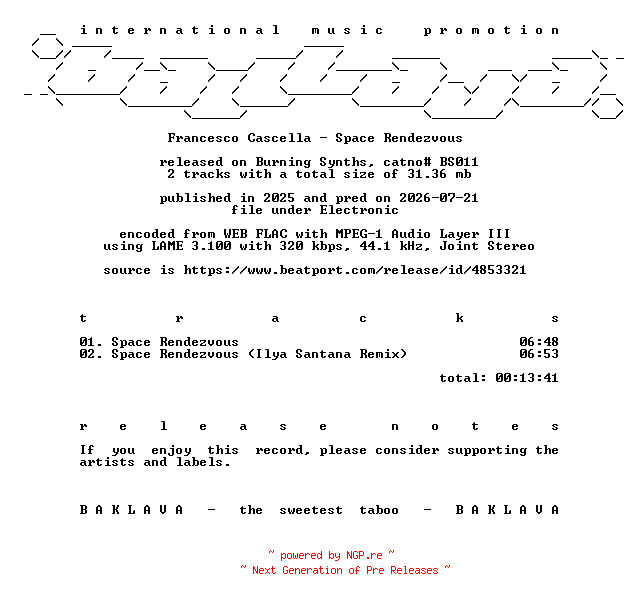 NFO for the release Francesco_Cascella-Space_Rendezvous-(BS011)-WEB-2025-BAKLAVA by BAKLAVA