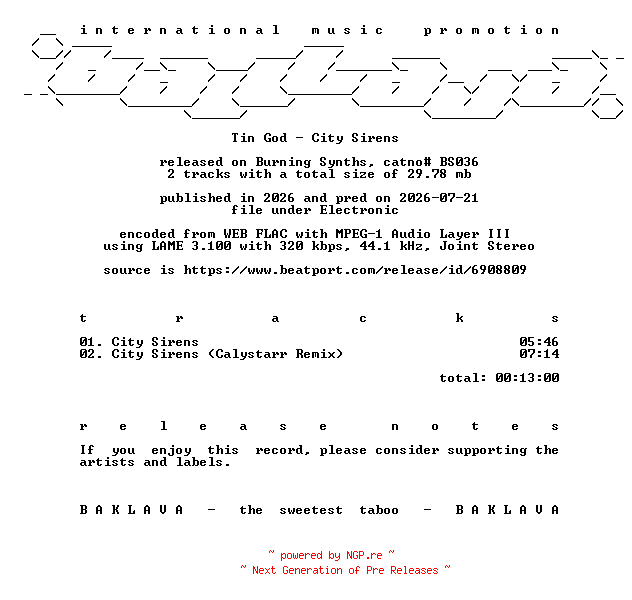 NFO for the release Tin_God-City_Sirens-(BS036)-WEB-2026-BAKLAVA by BAKLAVA