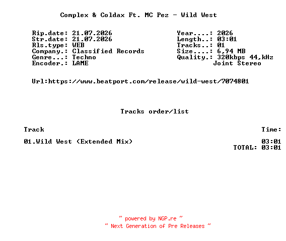 NFO for the release Complex_And_Coldax_Ft._MC_Pez_-_Wild_West-(CR072)-SINGLE-WEB-2026-FMC by FMC
