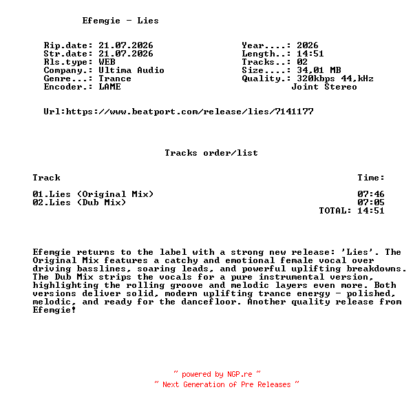 NFO for the release Efemgie_-_Lies-(UA293)-WEB-2026-FMC by FMC