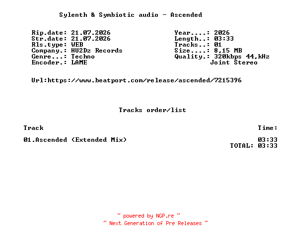 NFO for the release Sylenth_And_Symbiotic_Audio_-_Ascended-(HU2DZ150)-SINGLE-WEB-2026-FMC by FMC