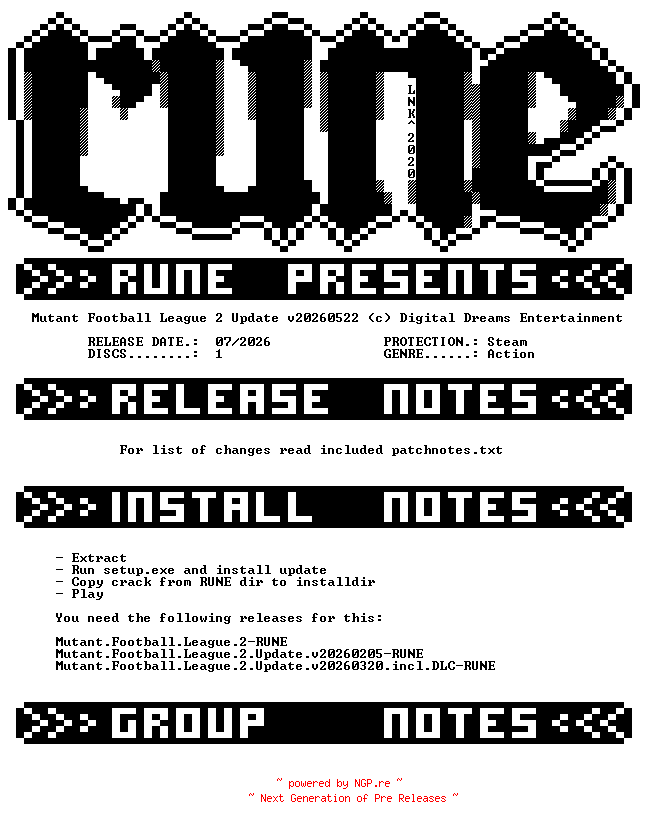 NFO for the release Mutant.Football.League.2.Update.v20260522-RUNE by RUNE