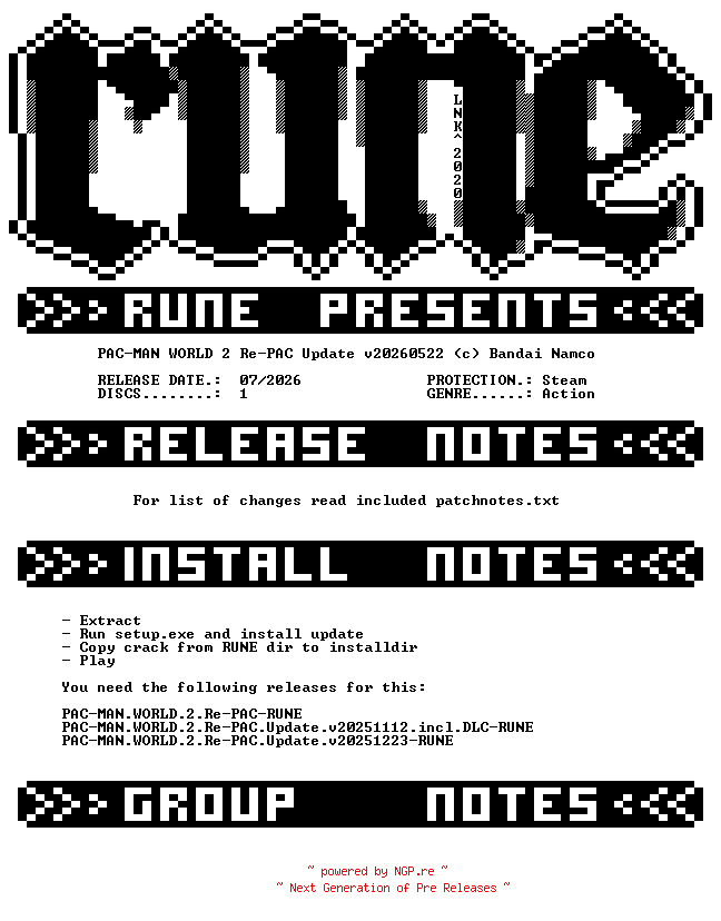 NFO for the release PAC-MAN.WORLD.2.Re-PAC.Update.v20260522-RUNE by RUNE