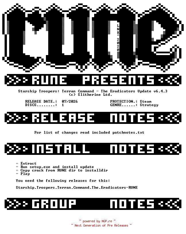 NFO for the release Starship.Troopers.Terran.Command.The.Eradicators.Update.v6.4.3-RUNE by RUNE