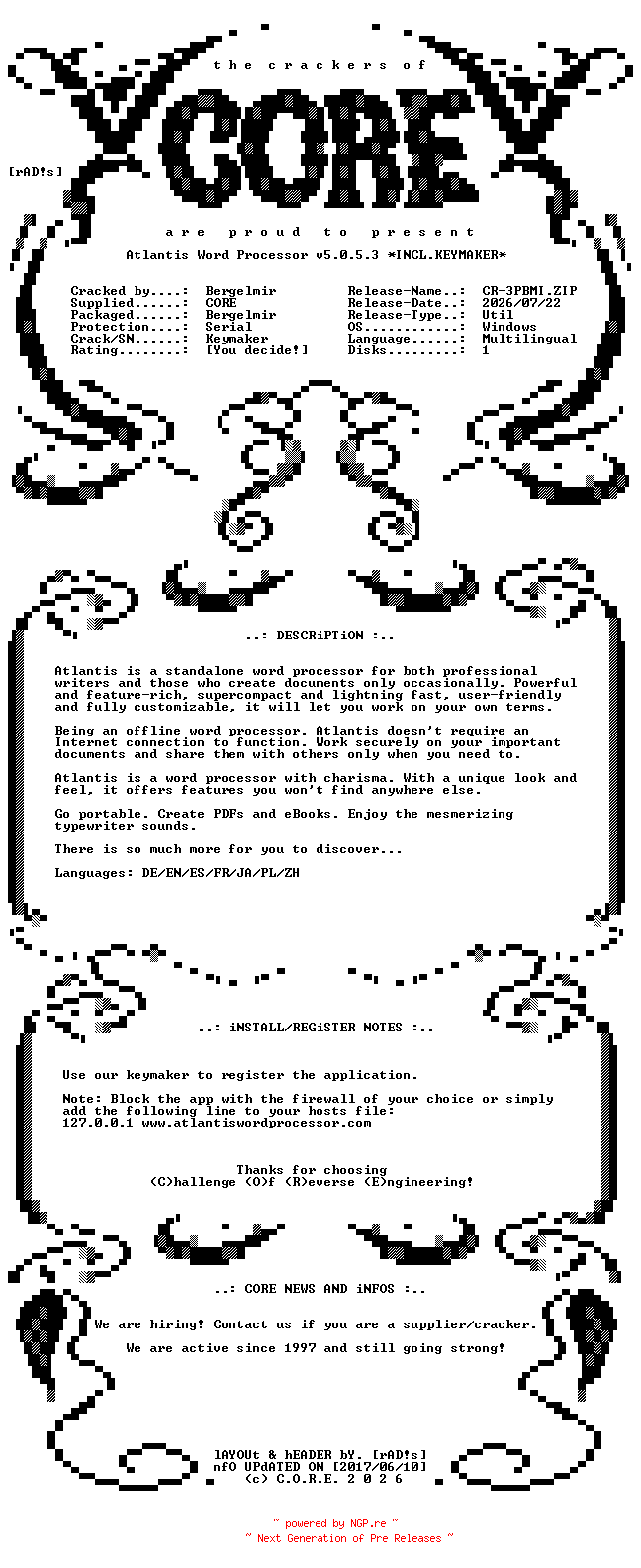 NFO for the release Atlantis.Word.Processor.v5.0.5.3.Multilingual.Incl.Keymaker-CORE by CORE
