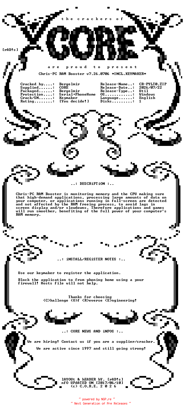 NFO for the release Chris-PC.RAM.Booster.v7.26.0706.Incl.Keymaker-CORE by CORE