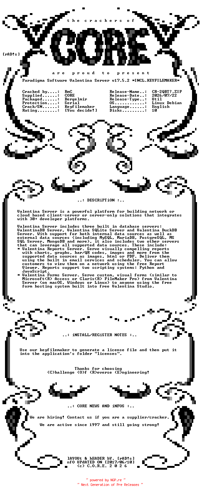 NFO for the release Paradigma.Software.Valentina.Server.v17.5.2.Linux.Debian.ARM32.Incl.Keyfilemaker-CORE by CORE