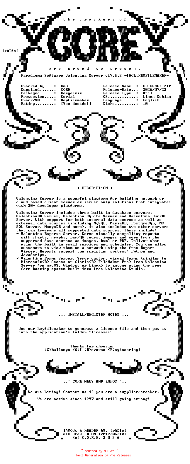 NFO for the release Paradigma.Software.Valentina.Server.v17.5.2.Linux.Debian.ARM64.Incl.Keyfilemaker-CORE by CORE