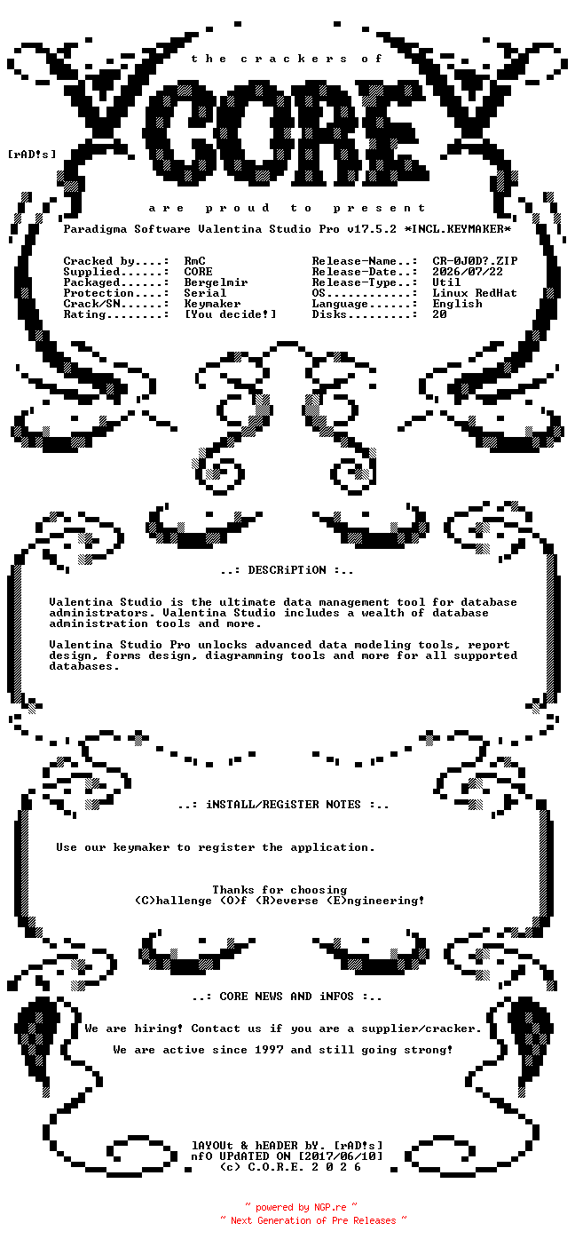NFO for the release Paradigma.Software.Valentina.Studio.Pro.v17.5.2.Linux.RedHat.x64.Incl.Keymaker-CORE by CORE