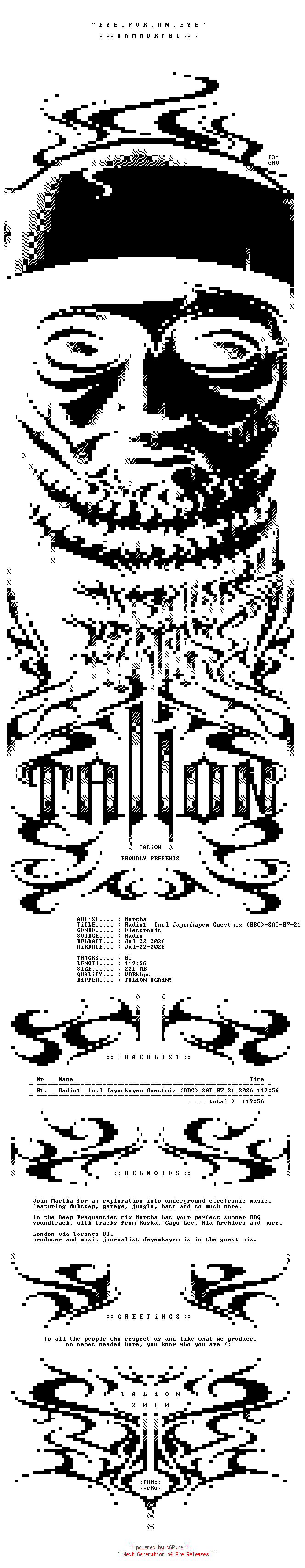 NFO for the release Martha_-_Radio1__Incl_Jayemkayem_Guestmix_(BBC)-SAT-07-21-2026-TALiON by TALiON