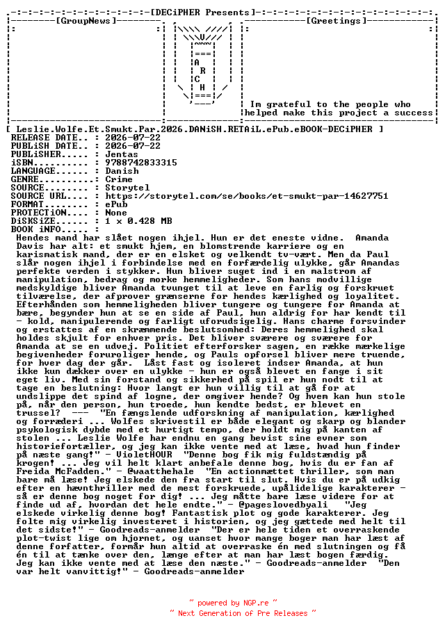 NFO for the release Leslie.Wolfe.Et.Smukt.Par.2026.DANiSH.RETAiL.ePub.eBOOK-DECiPHER by DECiPHER