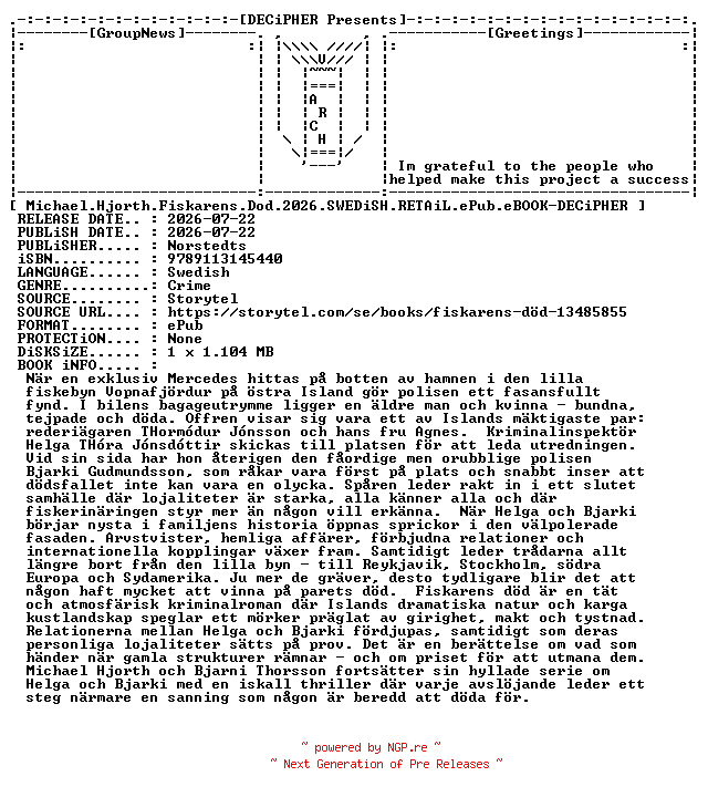 NFO for the release Michael.Hjorth.Fiskarens.Dod.2026.SWEDiSH.RETAiL.ePub.eBOOK-DECiPHER by DECiPHER