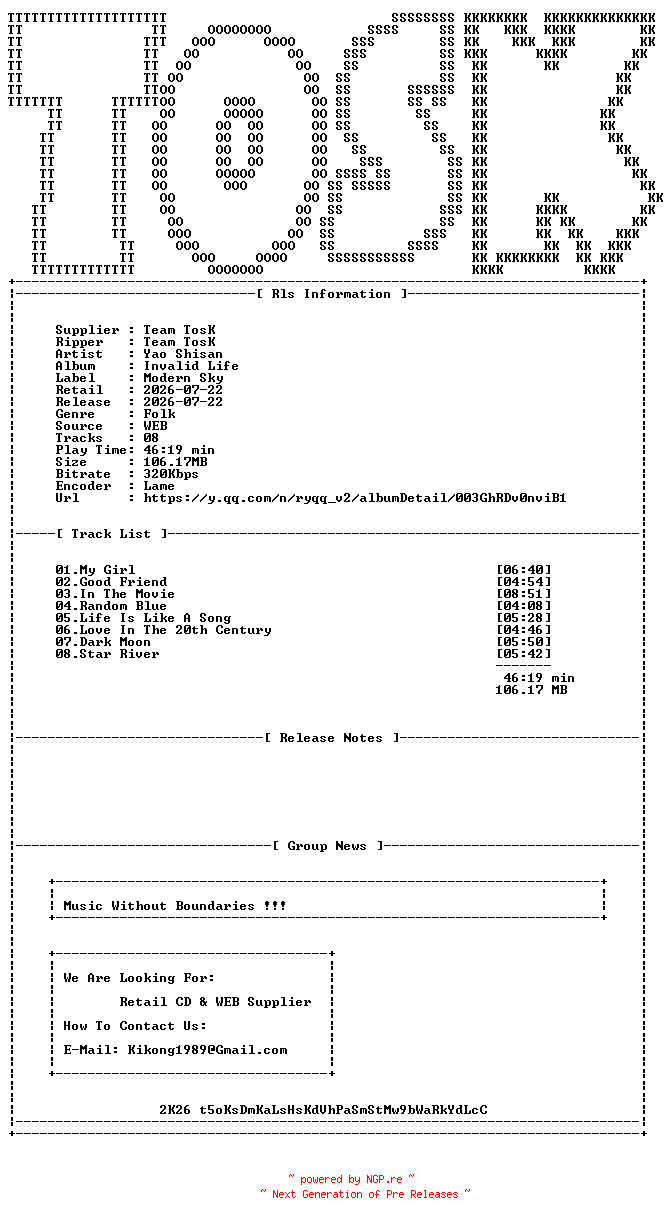 NFO for the release Yao_Shisan-Invalid_Life-WEB-CN-2026-TosK by TosK