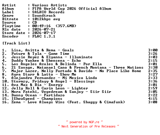 NFO for the release VA-FIFA_World_Cup_2026_Official_Album-OST-CD-FLAC-2026-PERFECT by PERFECT